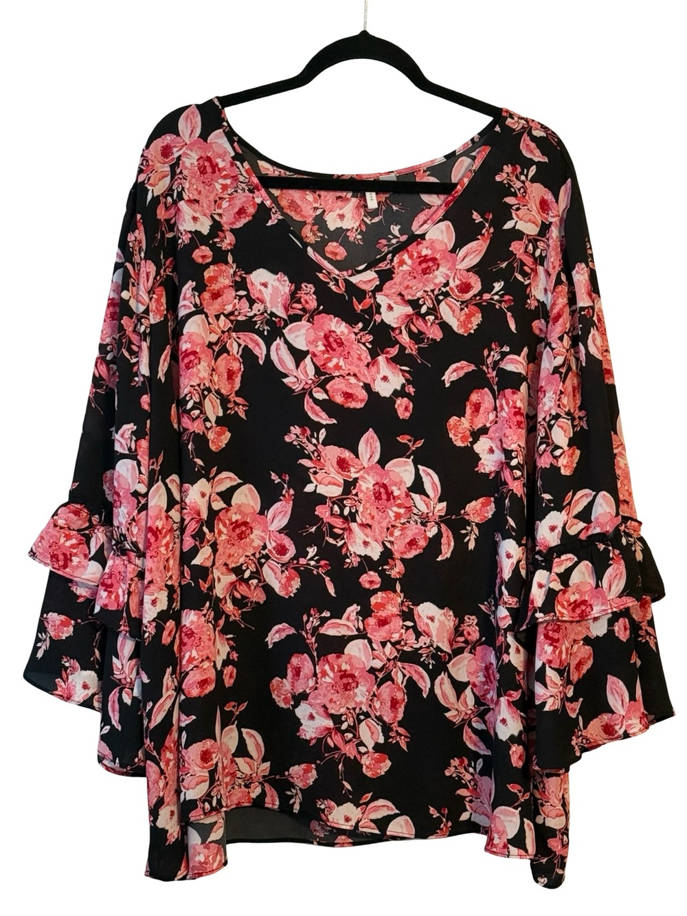 Black Floral V-Neck Bell Sleeve Blouse - Pink Floral